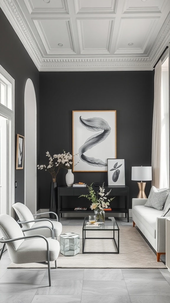 A stylish room featuring charcoal gray walls and crisp white accents, showcasing modern decor.