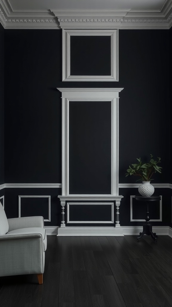 A dark room featuring white trim and moldings with a cozy couch and a plant