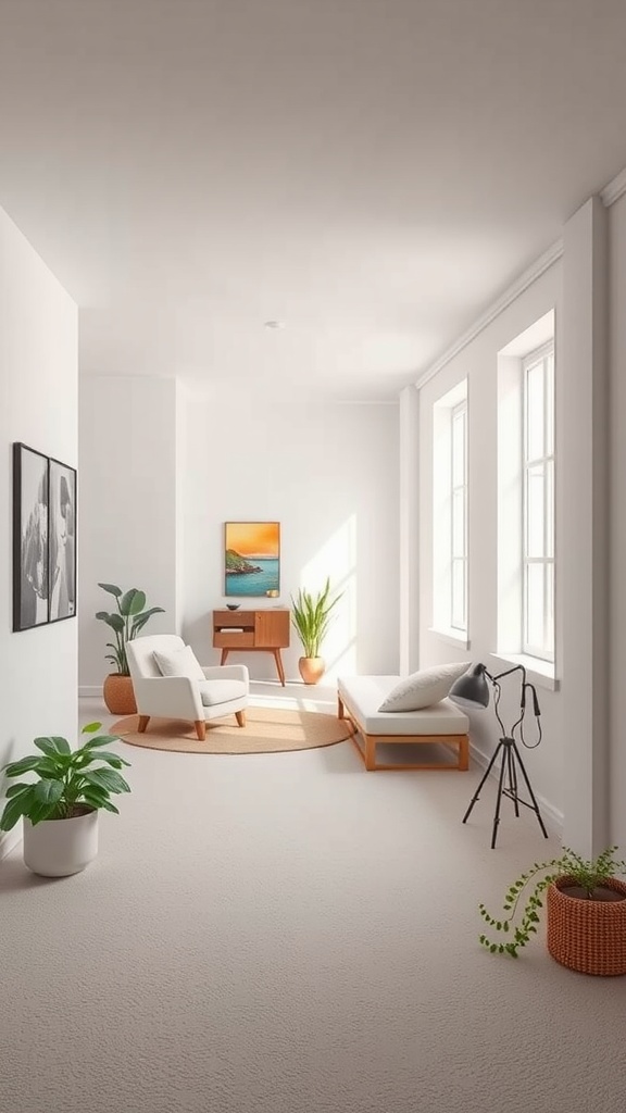 Bright white basement with cozy furniture and plants