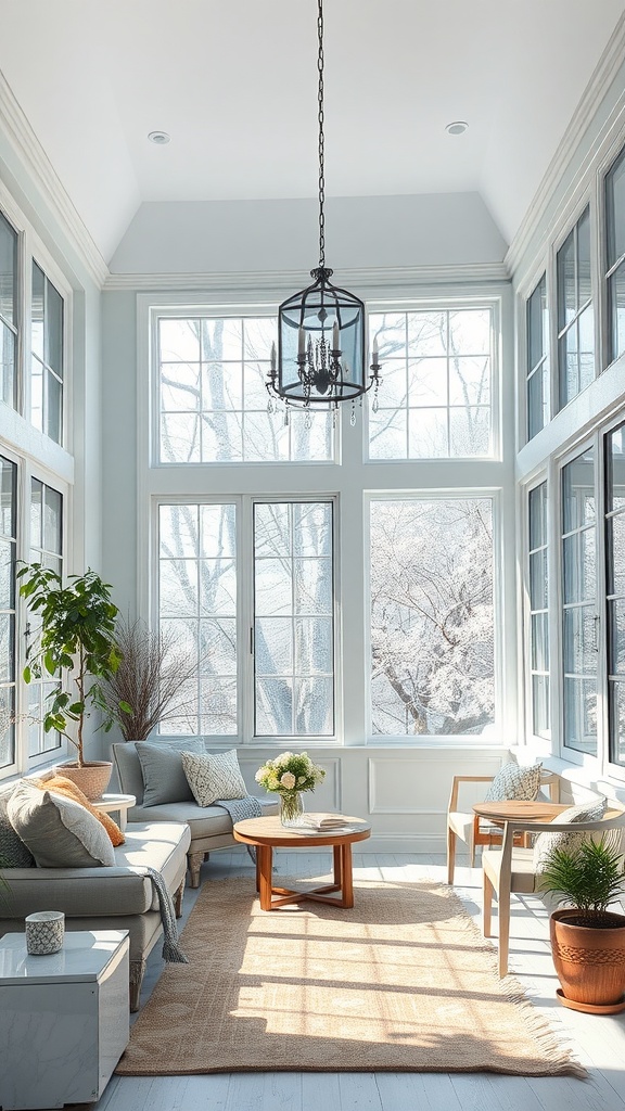 A sunroom beautifully painted in Sherwin Williams Crushed Ice, showcasing soft furniture and plenty of natural light.