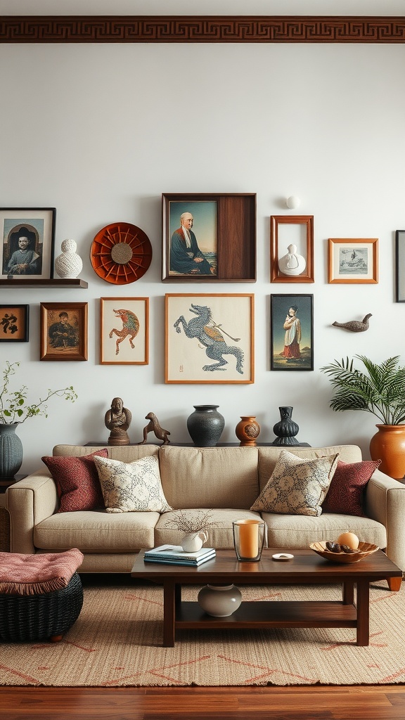 A living room featuring a statement wall with various cultural artifacts and artworks.