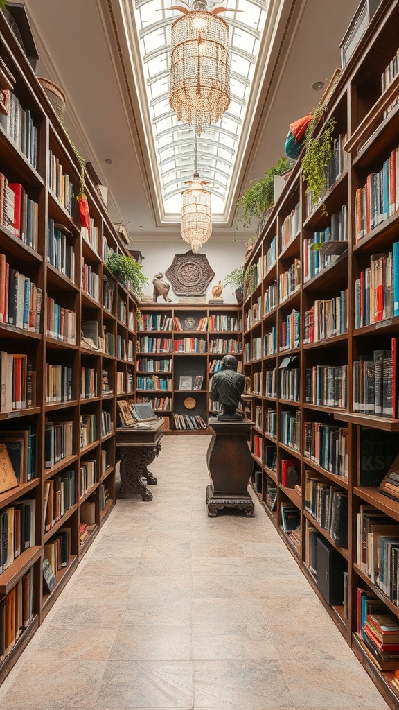 A beautifully designed home library with wooden shelves filled with books, elegant chandeliers, and cultural decorations.