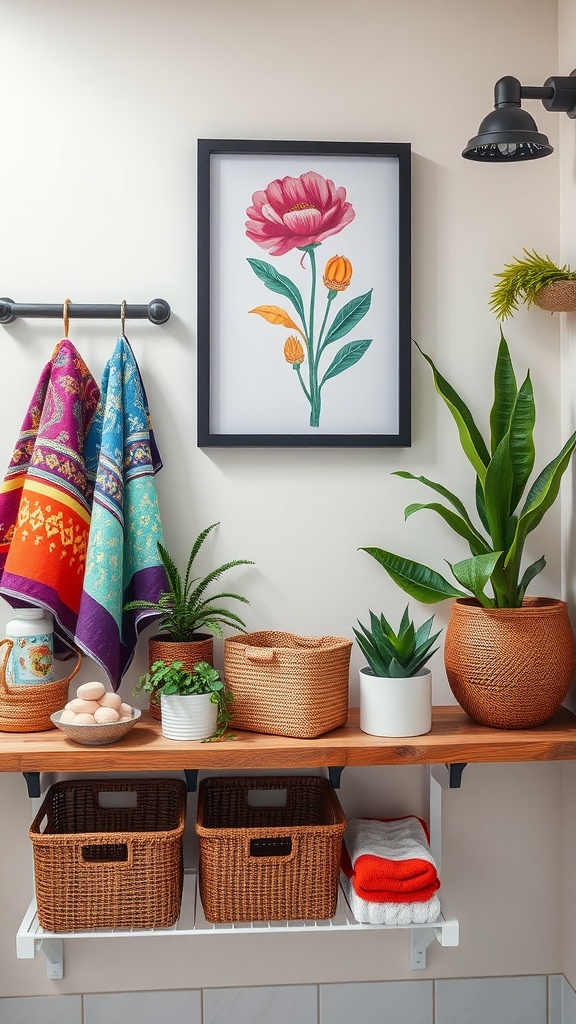 A bright and colorful bathroom decor setup featuring hanging towels, plants, and woven baskets on a shelf.