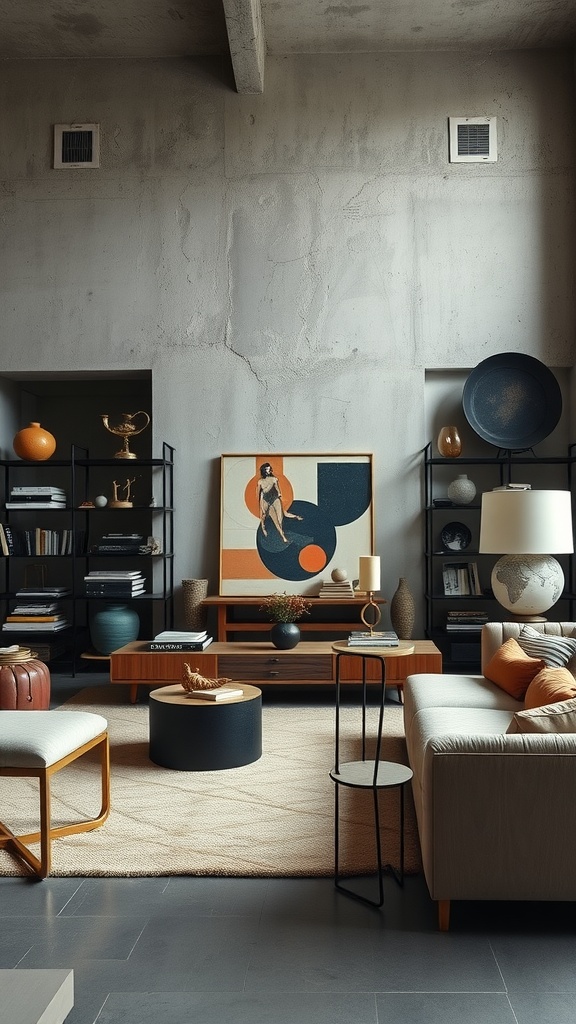 Curated living room design featuring concrete walls, velvet furnishings, and a collection of unique decor items.