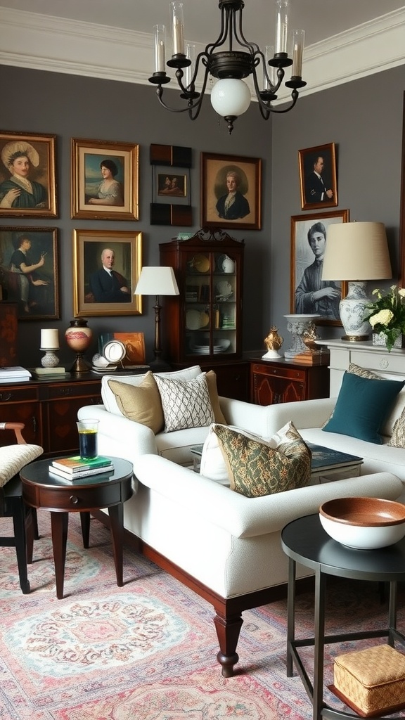 A living room featuring a blend of antique and modern decor, showcasing framed portraits on the walls, a classic sofa, and a stylish coffee table.