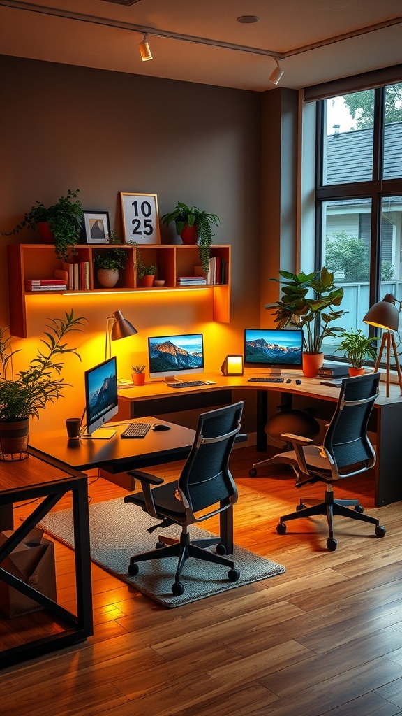 A cozy home office featuring a curved desk setup with dual monitors, warm lighting, and plants.