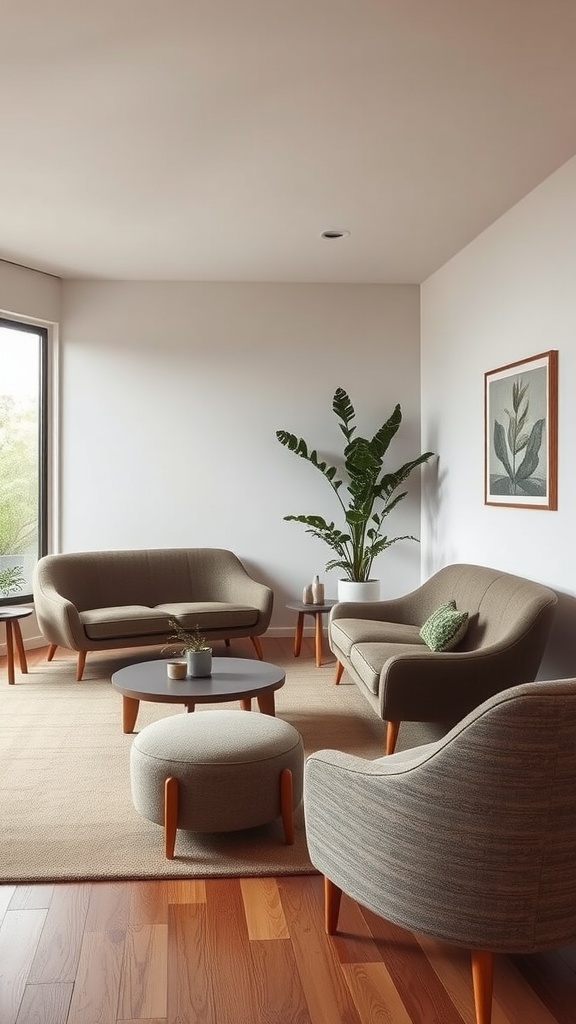 A cozy living room featuring curved furniture, including sofas and a round coffee table, set against a bright backdrop with a plant.