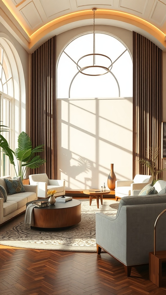 A living room featuring curved lines and soft shapes, blending Art Deco with contemporary design elements.