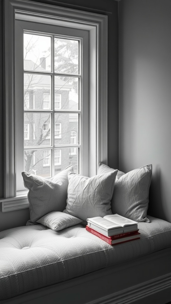 Cushioned window seat with pillows and books beside a window