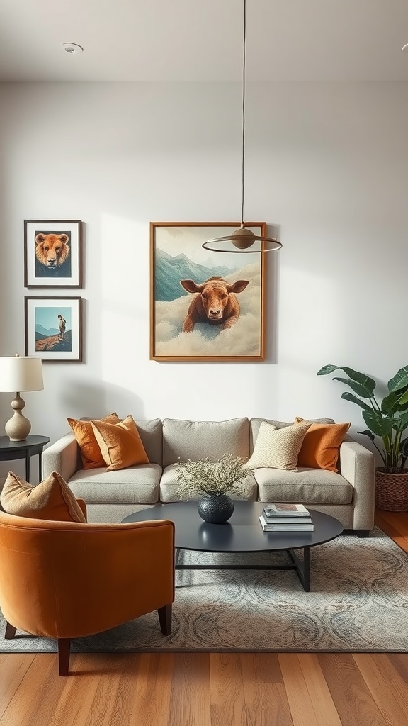 A cozy living room with a cow painting and animal portraits on the wall, featuring a comfortable sofa with orange cushions and a round coffee table.