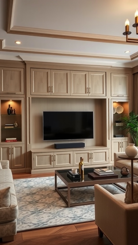 A stylish living room featuring a custom built-in unit with a TV, showcasing warm wood tones and elegant decor