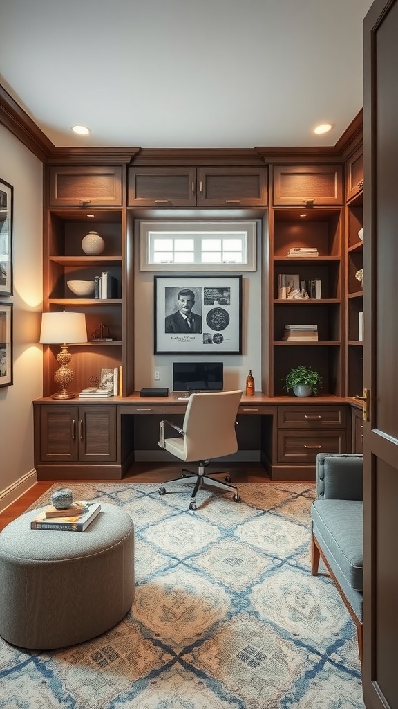 Home office with custom built-ins, desk, and comfortable seating