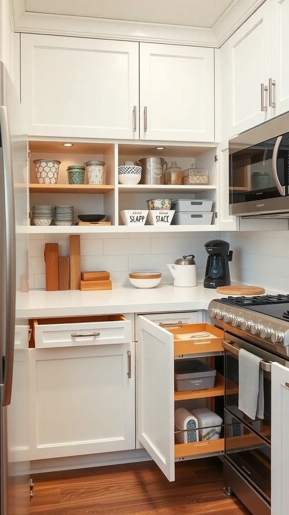 A small apartment kitchen with custom cabinet inserts featuring pull-out trays and organized shelves.