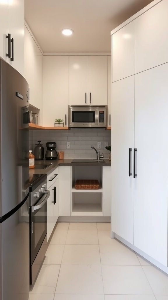 A compact kitchen with white cabinets, dark countertops, and open shelving, demonstrating effective use of space.