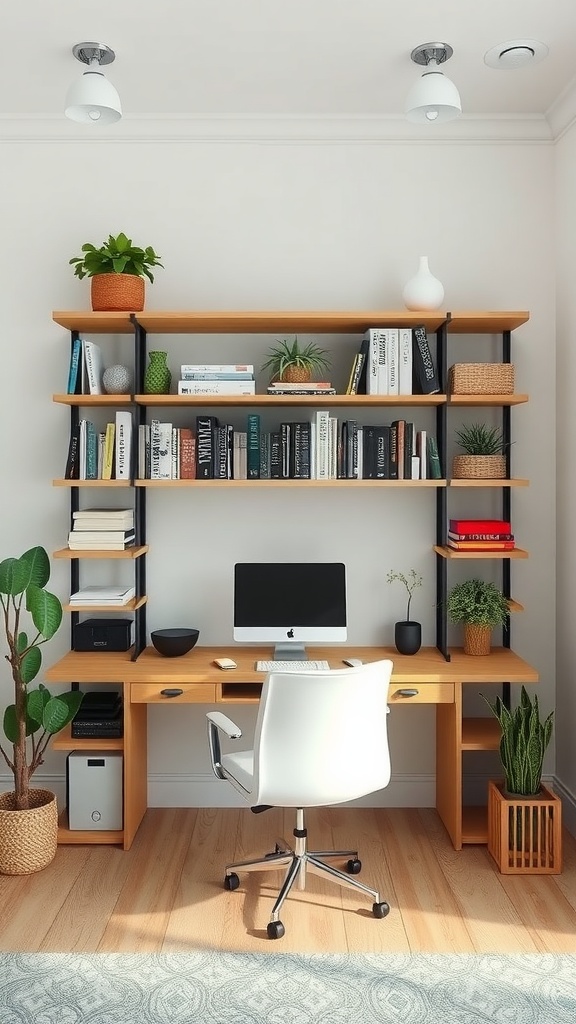 A feminine small home office with a wooden desk, custom shelving, plants, and an Apple computer.