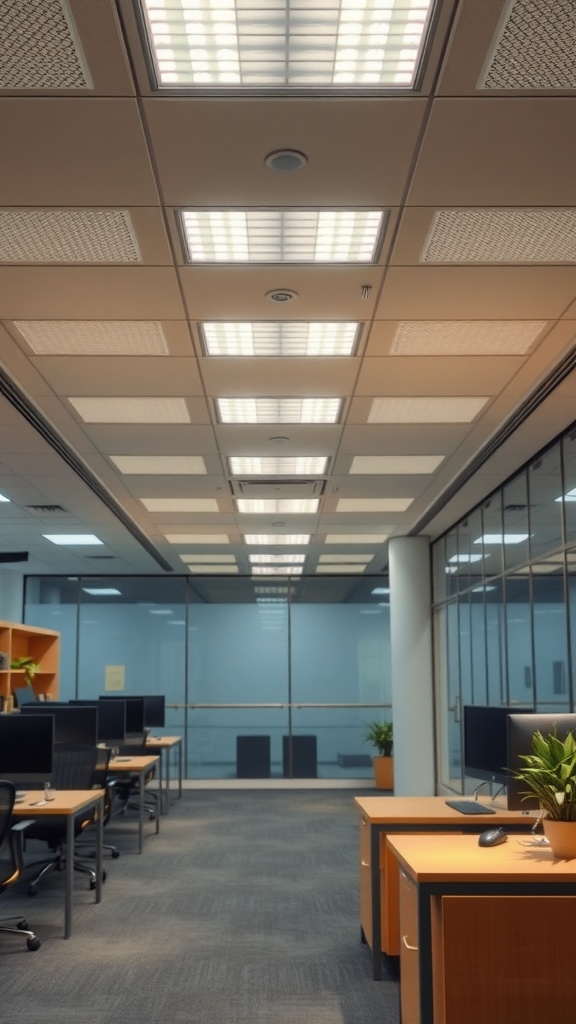 A modern office with a well-designed ceiling featuring bright fluorescent lights.