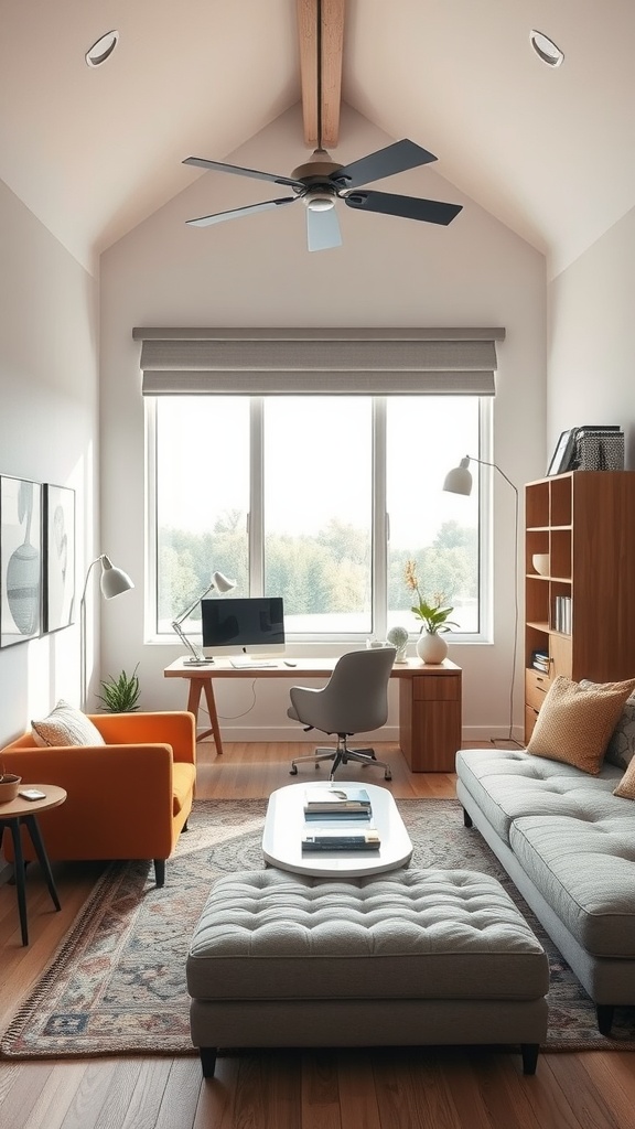 A stylish combination of a home office and guest room featuring modular furniture, a desk, and a cozy seating area.