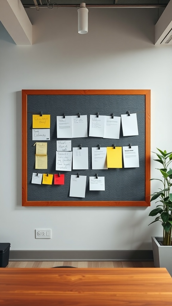 A customizable pinboard with various colored sticky notes and papers attached, showcasing a neat organization method.