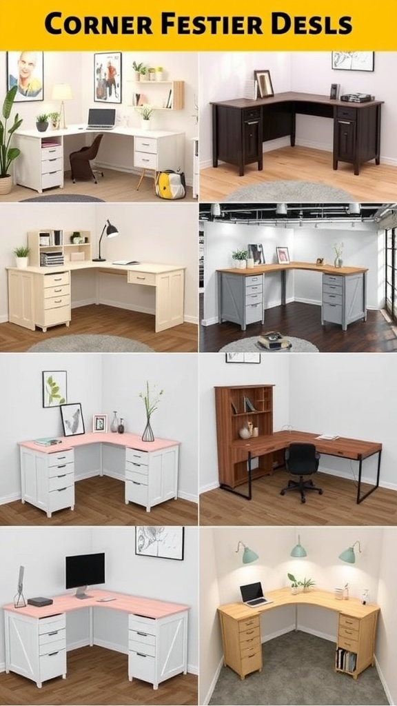 A visual display of various corner desk designs featuring different styles, colors, and organizational options.
