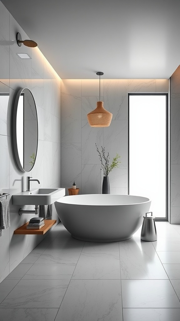 Modern bathroom with a round bathtub, minimalist design, and natural light