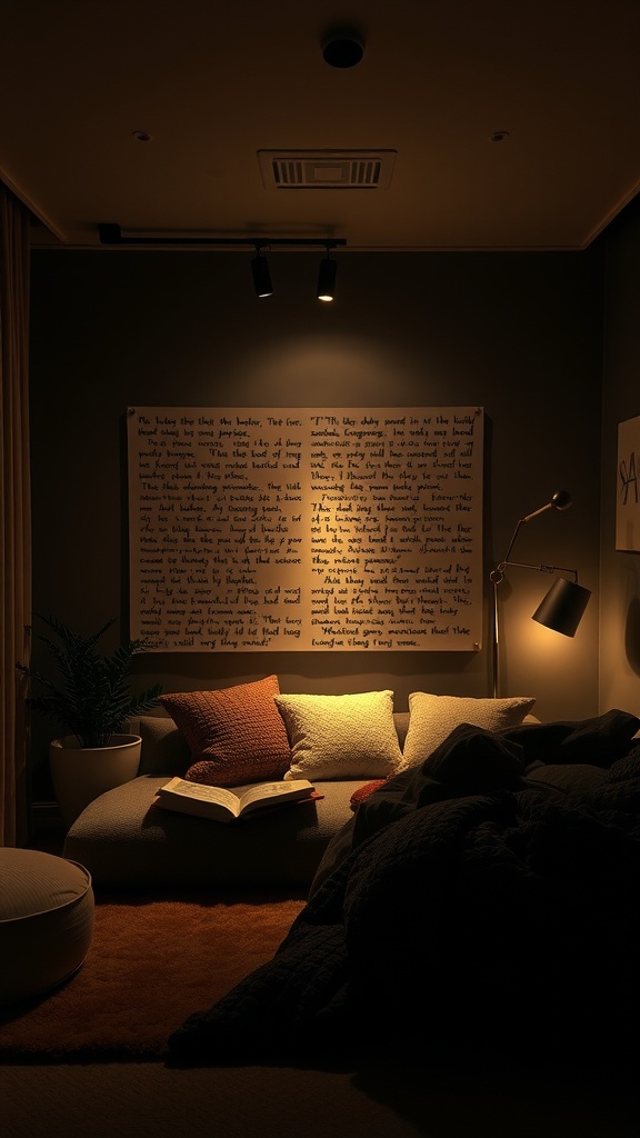 A cozy reading nook with soft lighting, a plush sofa covered in pillows, an open book, and a large handwritten text piece on the wall.