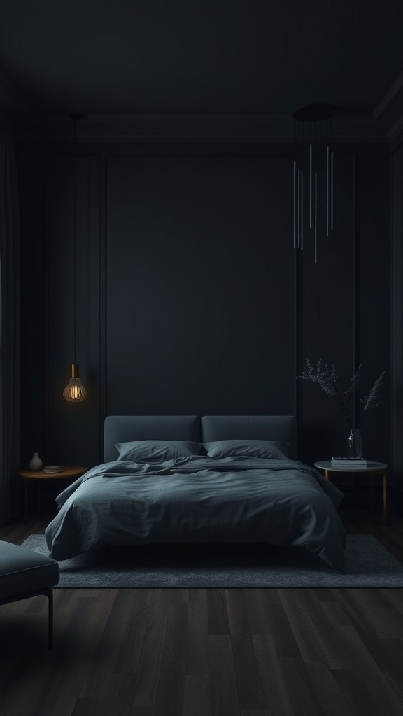 A dark and moody grey bedroom featuring a bed with dark linens, grey walls, and warm lighting.