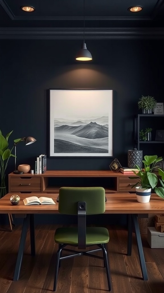 A cozy dark home office with wooden desk, green chair, and plants.