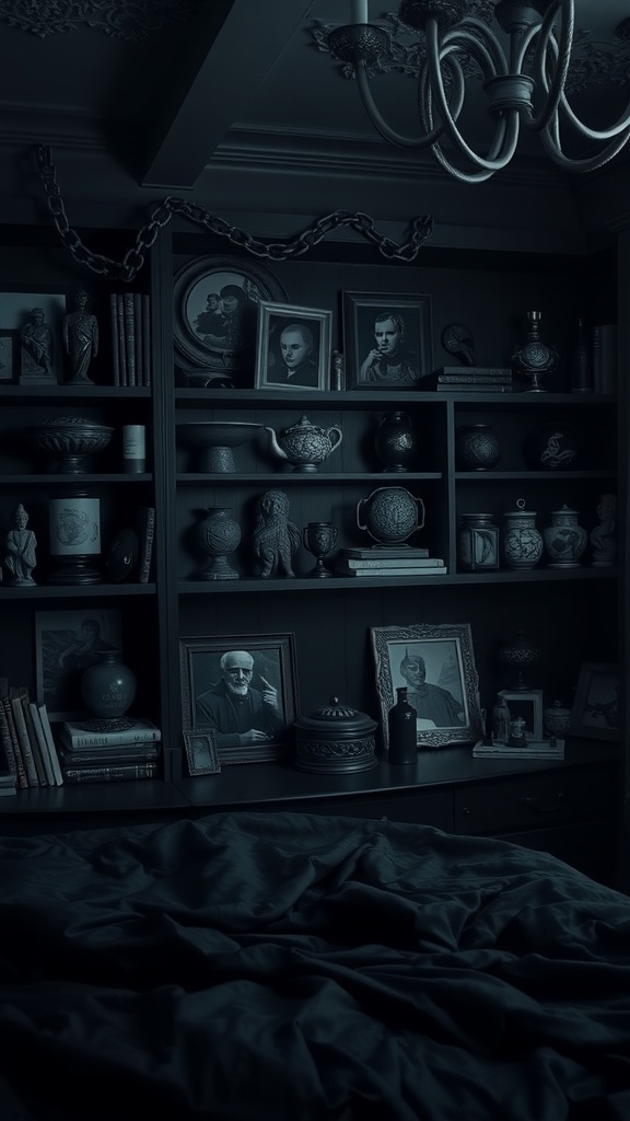 A dark shelf filled with various artifacts, including statues, vintage photos, and unique pottery, showcasing a gothic aesthetic.