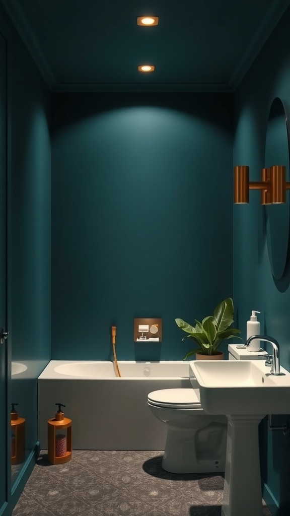 A bathroom with dark blue-green walls, white fixtures, and warm lighting