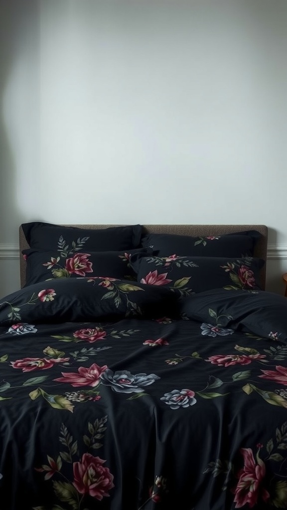 Dark floral bedding set on a bed with decorative pillows.