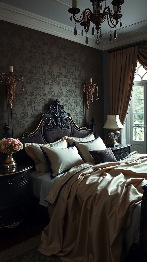 A dark and moody bedroom featuring a carved black headboard, luxurious bedding, ornate wallpaper, and elegant lighting.