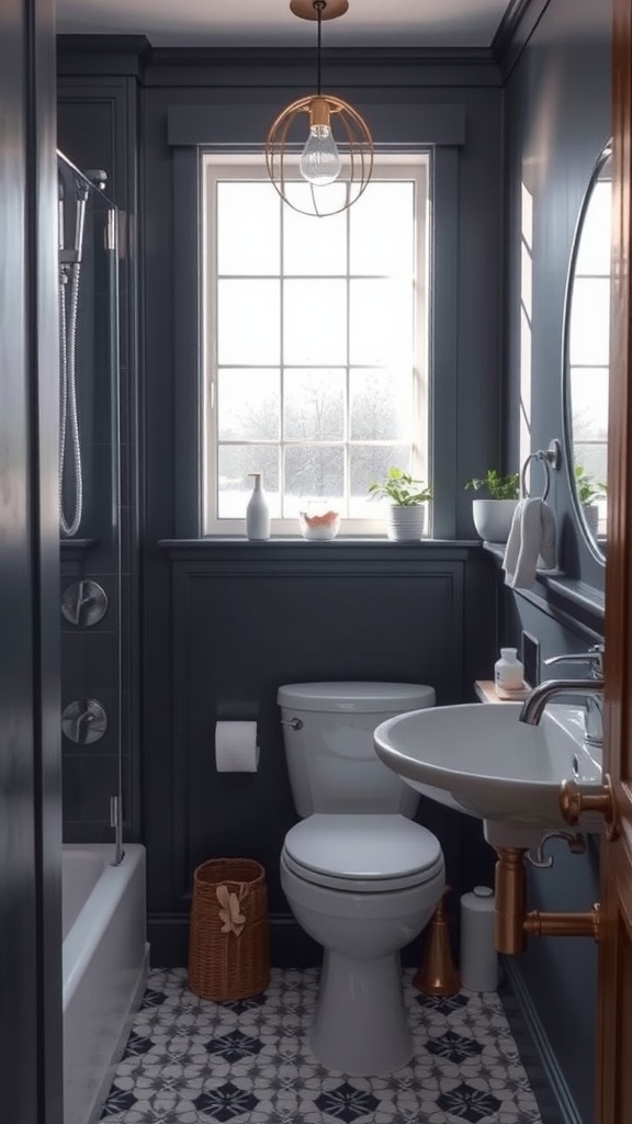 A small bathroom with dark gray walls, a white toilet, and a modern light fixture, featuring natural light from a window.
