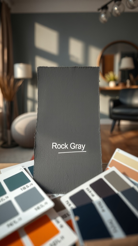 A paint swatch labeled Rock Gray surrounded by various other color samples