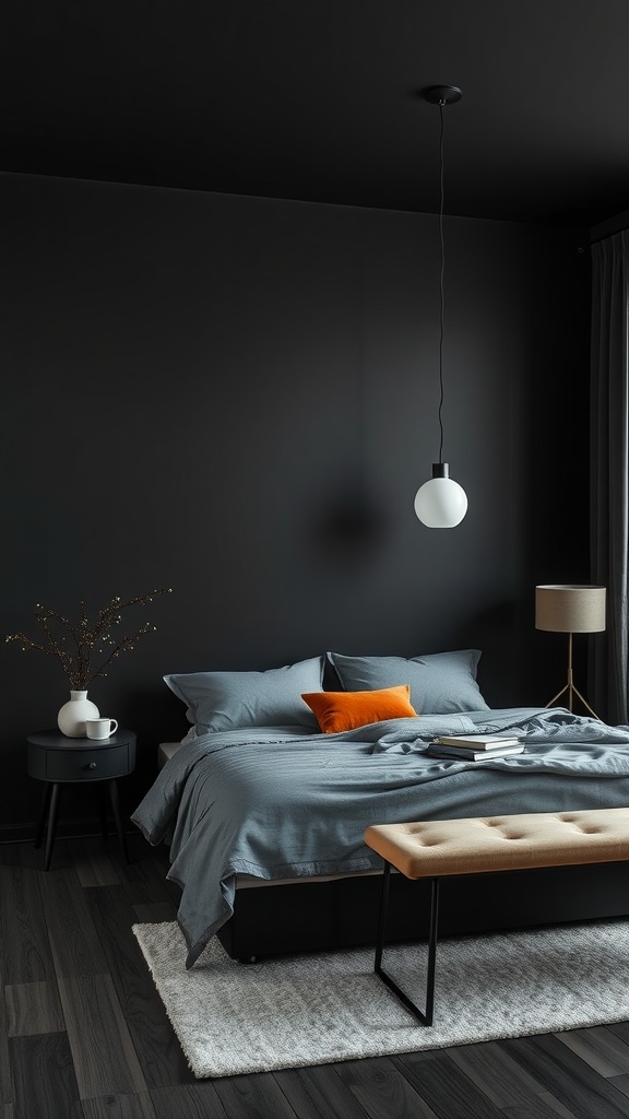 A cozy dark gray bedroom with bright orange accents, featuring a comfortable bed, stylish lighting, and a warm atmosphere.