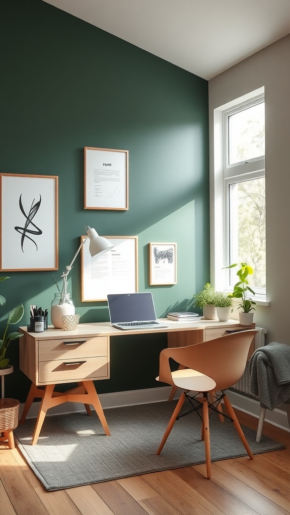 Home office featuring a dark green accent wall with a wooden desk and natural light.