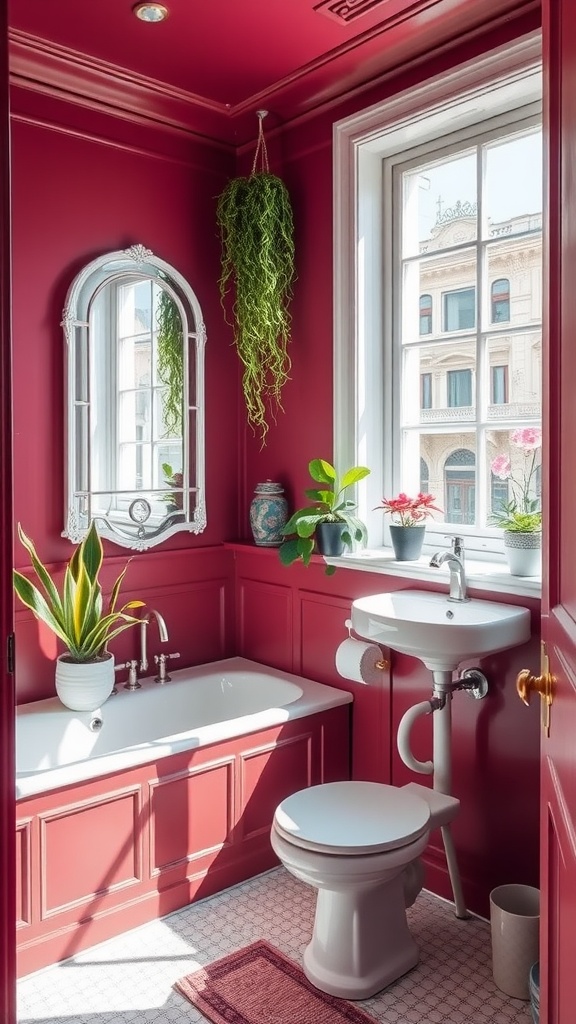 A small bathroom painted in dark pink with a bathtub, mirror, and plants