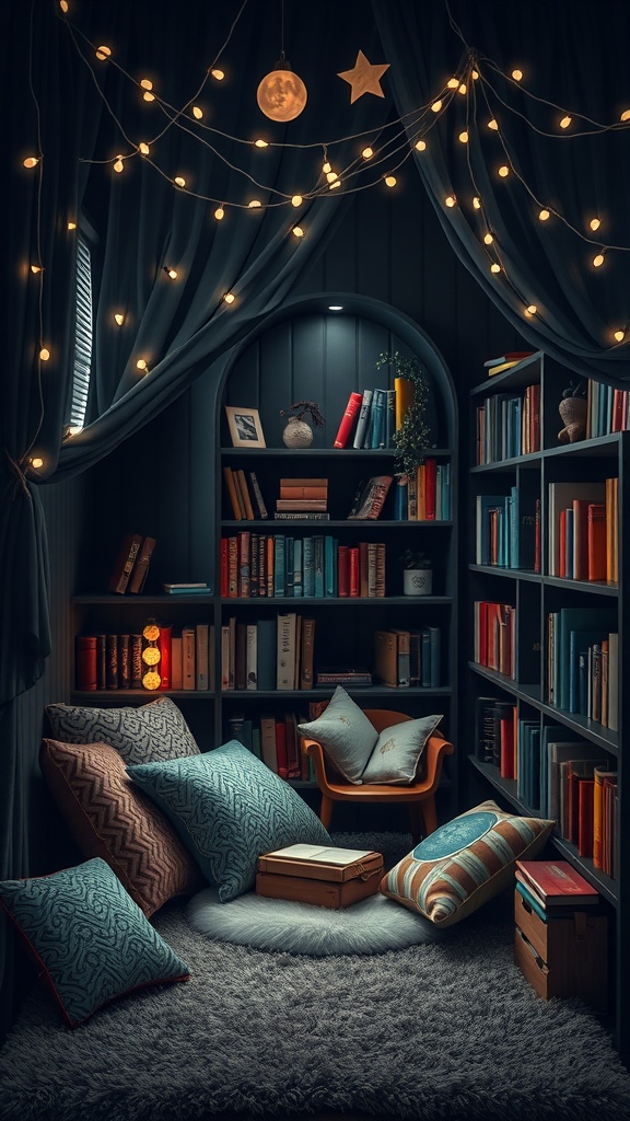 Cozy dark reading nook with soft lighting, cushions, and bookshelves.