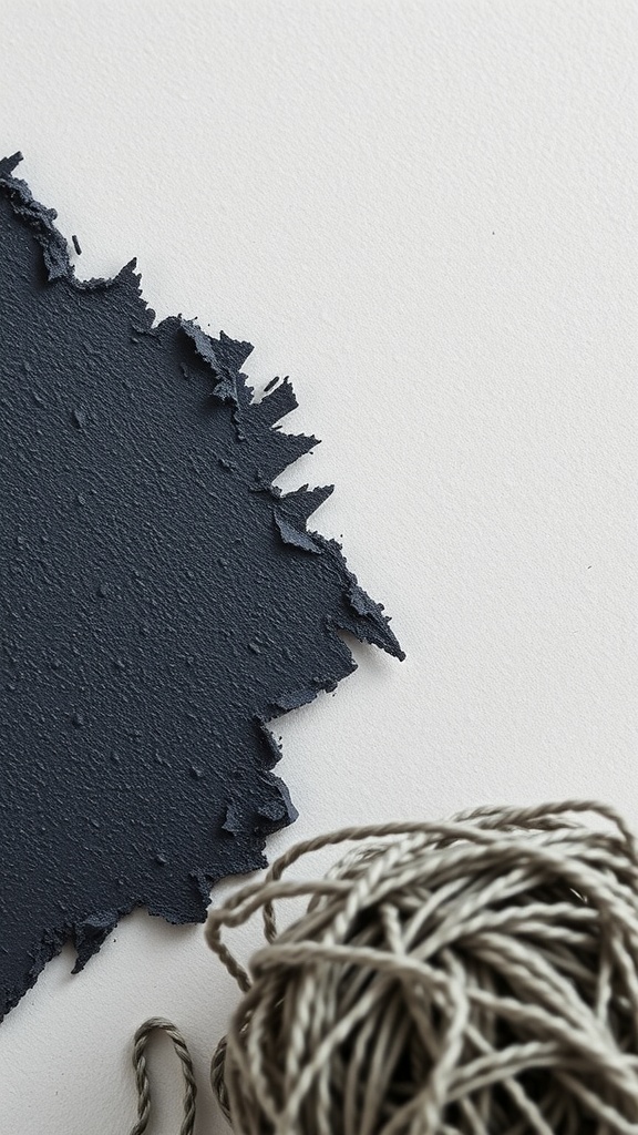 Swatch of Dark Steel Gray paint with a textured surface, next to a coil of twine, against a white background.