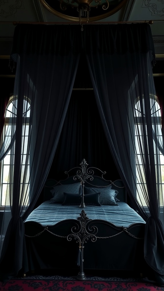 A dark velvet canopy bed with elegant metalwork and flowing curtains, creating a cozy and mysterious atmosphere.