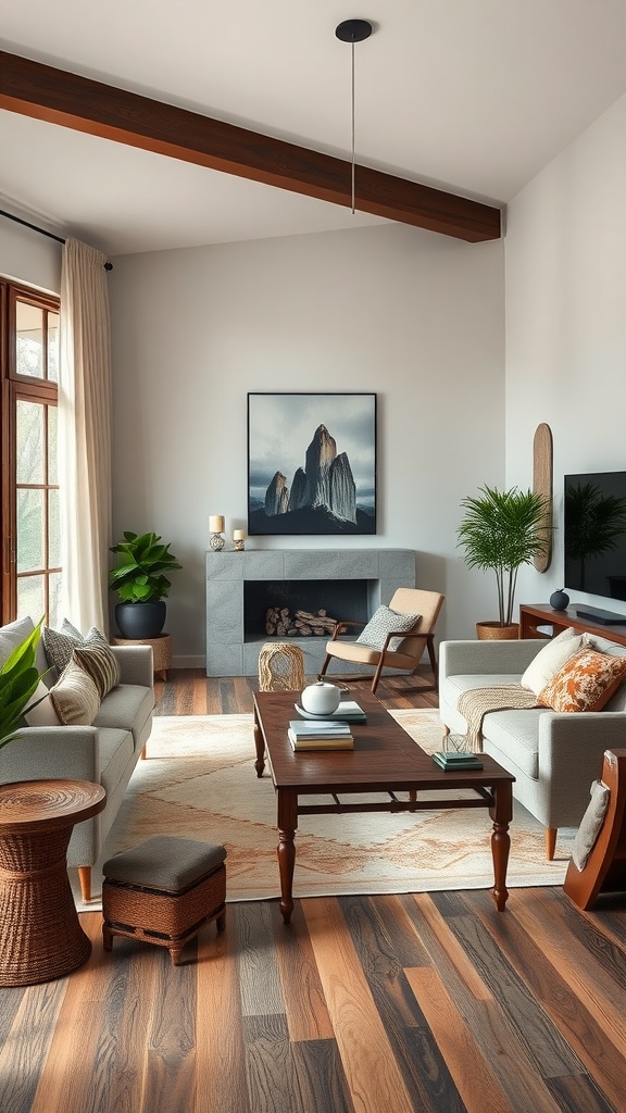 Stylish living room featuring dark wood accents and finishes.