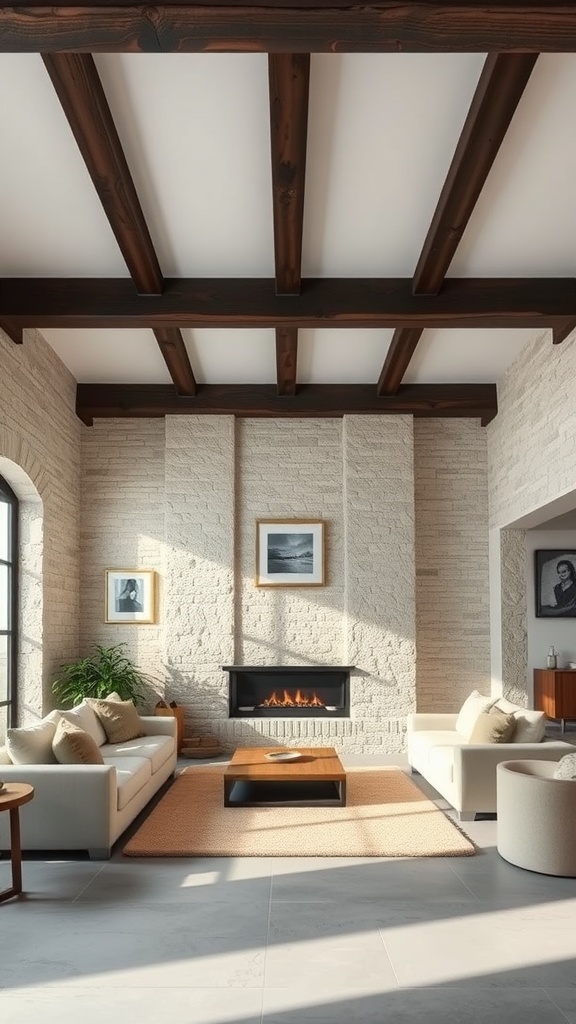 Living room featuring dark wood beams and light stone walls, with neutral furnishings and a cozy fireplace.