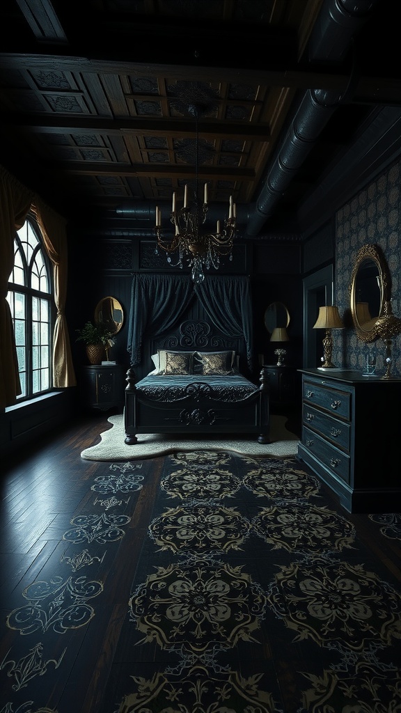 A dark wood floored bedroom with gothic decor, featuring intricate floor designs and elegant furniture.