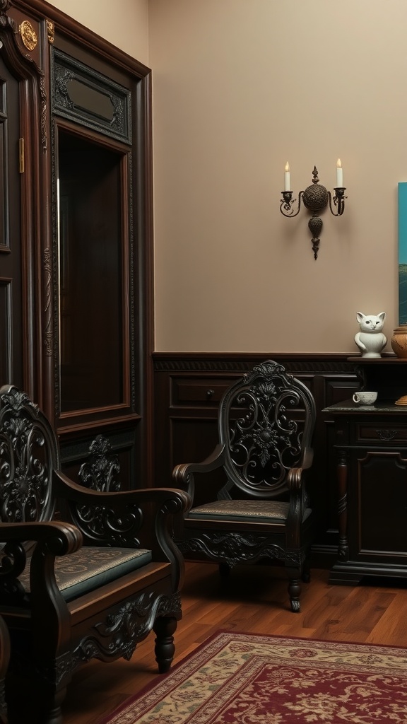 A cozy corner featuring dark wood furniture with intricate carvings, including ornate chairs and a cabinet, creating a warm and inviting atmosphere.