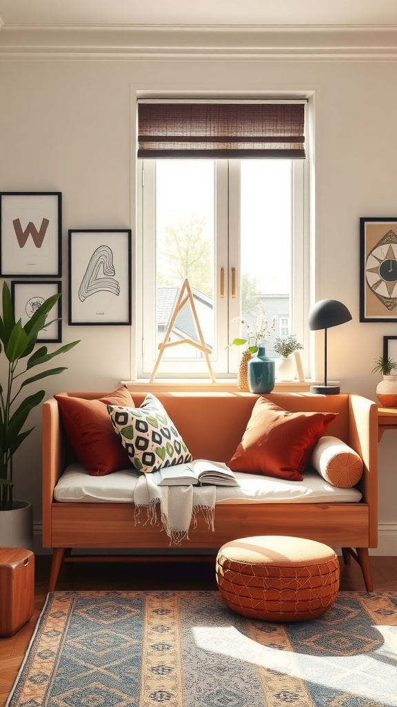 A cozy daybed with colorful cushions next to a built-in desk in a well-decorated living room.