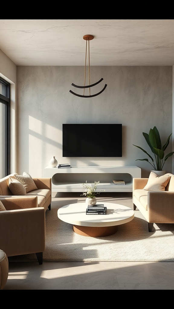 A modern Brutalist living room featuring a circular coffee table, soft seating, and concrete walls.