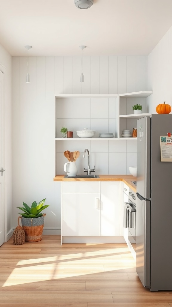 A bright, minimalist kitchen with open shelving, a wooden countertop, and potted plants.