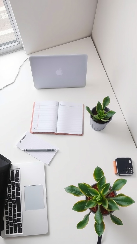A clean home office desk featuring a laptop, notebook, notepad, pen, and a small plant.