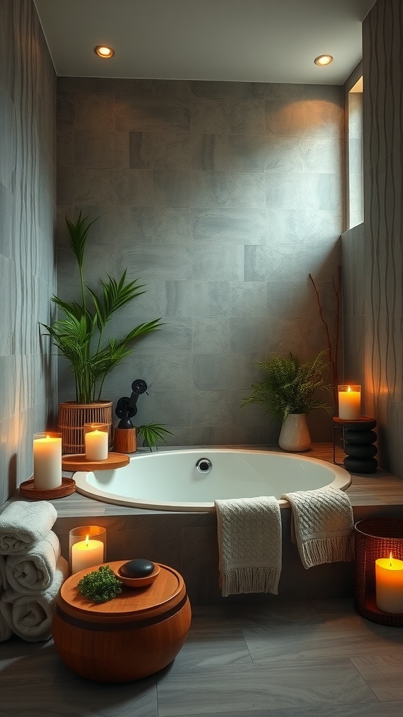 A cozy bathroom designed for relaxation, featuring a soaking tub, candles, plush towels, and plants.