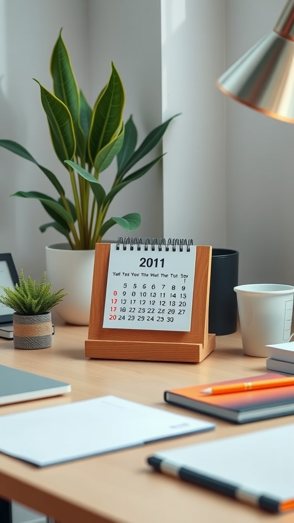 A stylish wooden desk calendar on a workspace with plants and stationery