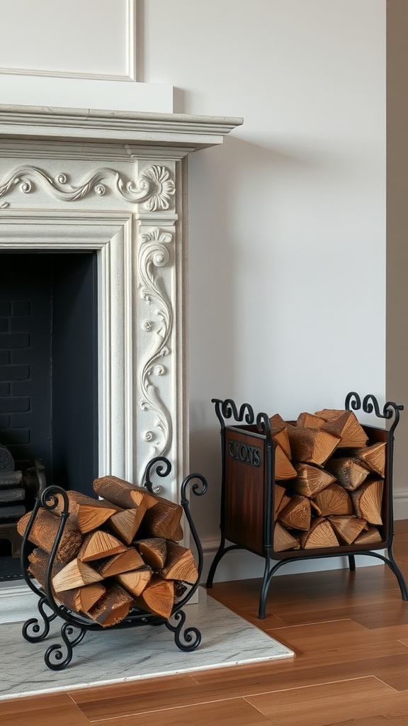 Two decorative firewood holders in an elegant living room setting, one ornate black metal and the other in wood.